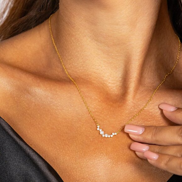 925 Sterling Silver Dainty Cluster Necklace, 18k Gold Plated Minimalist Layering - Picture 3 of 4